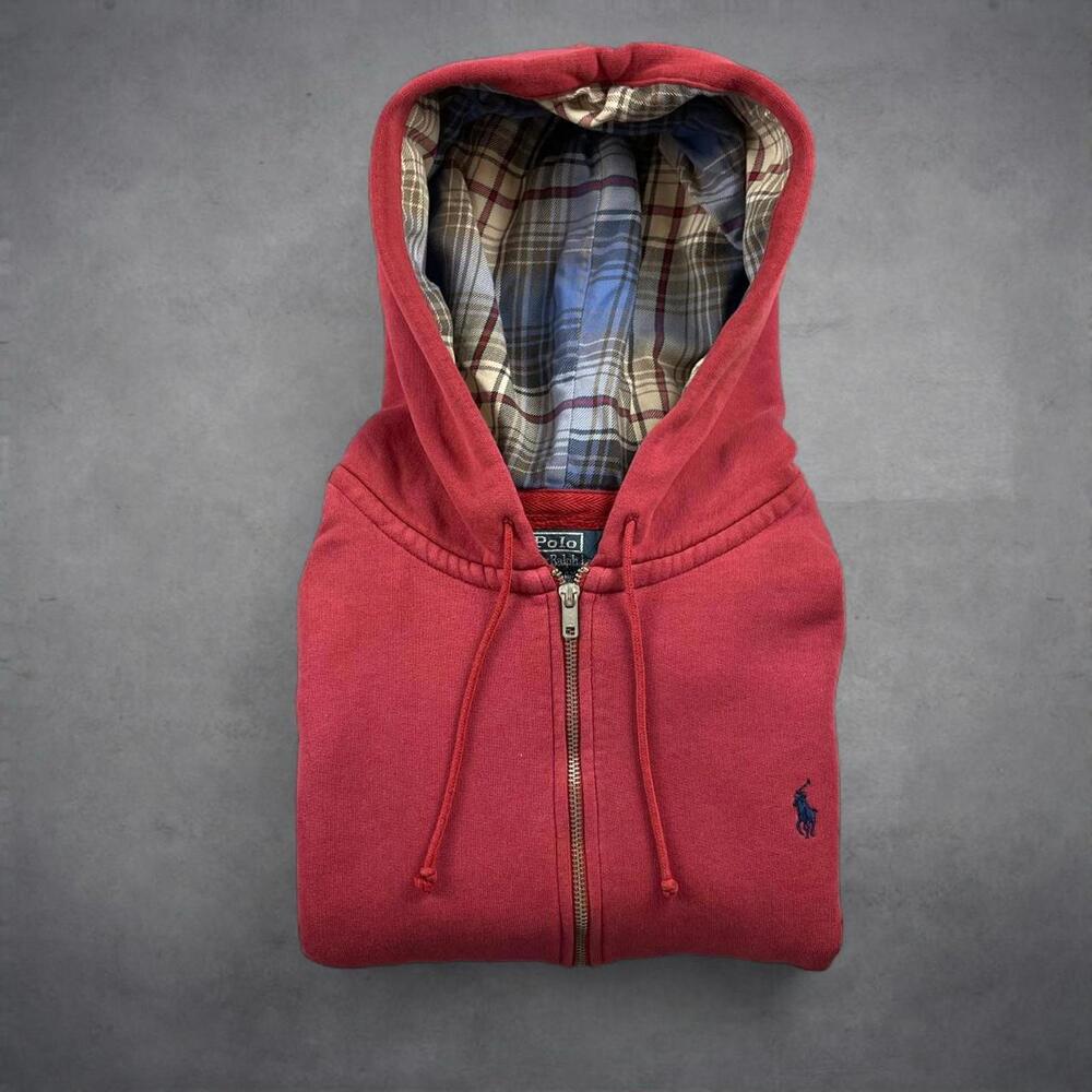Polo Ralph Lauren Full Zip Hoodie Extra Large Red plaid lined hood vintage 90s - Picture 2 of 8